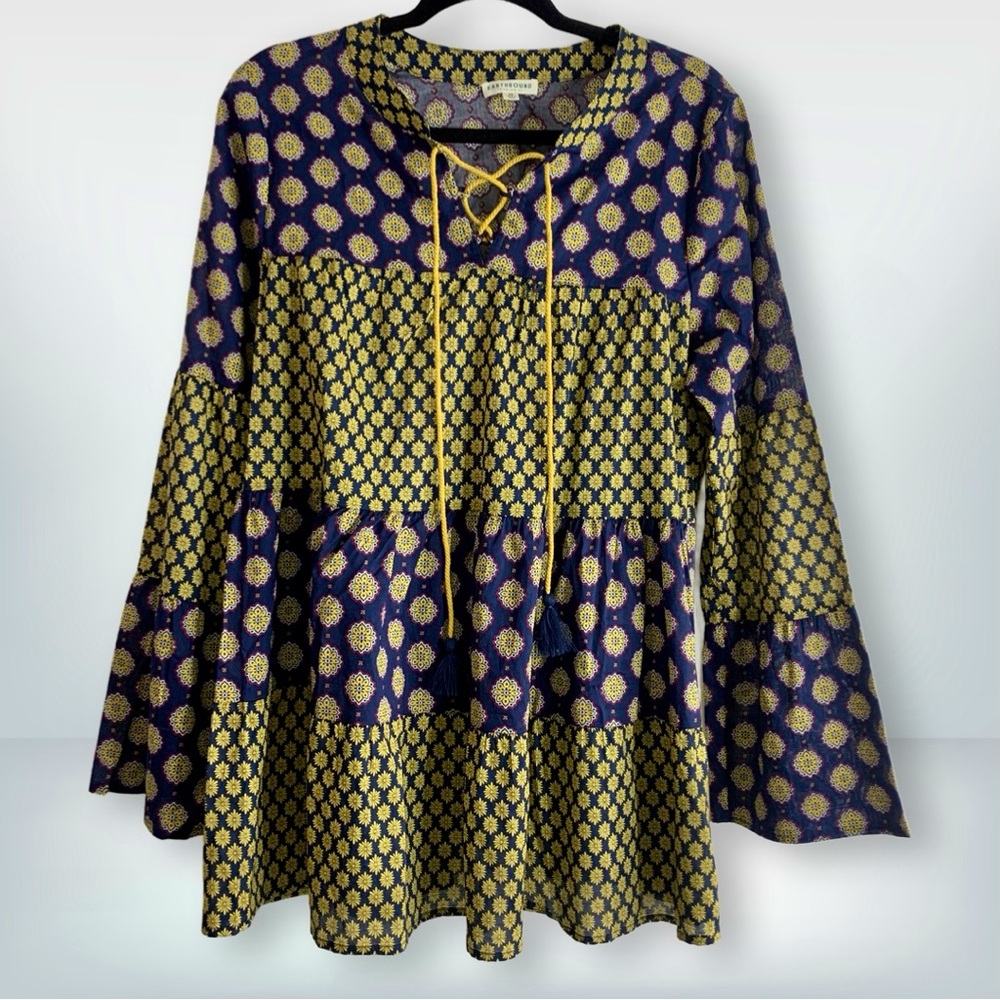 Earthbound Trading Co. Mixed Print Boho Tiered Cotton Navy Peasant Tunic, size M - Picture 12 of 12